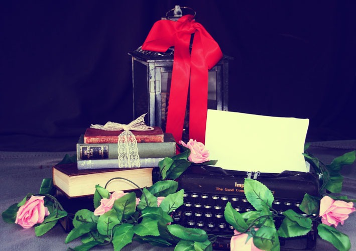 typewriter and lantern